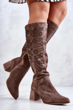 Kozaki Wiosenne|Kozaki Ażurowe>Boto Zamszowe Kozaki Lewski Ażurowe Brązowe Romena