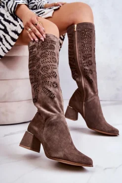 Kozaki Wiosenne|Kozaki Ażurowe>Boto Zamszowe Kozaki Lewski Ażurowe Brązowe Romena