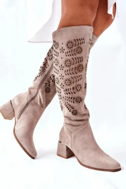Hot Boto Zamszowe Kozaki Lewski Ażurowe Beżowe Romena