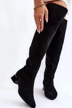 New Zamszowe Kozaki Muszkieterki 2221 Czarne Damskie Kozaki Przed Kolano|Kozaki Na Obcasie