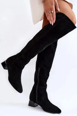 New Zamszowe Kozaki Muszkieterki 2221 Czarne Damskie Kozaki Przed Kolano|Kozaki Na Obcasie