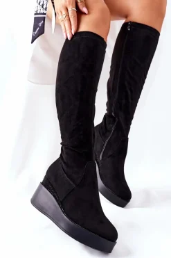 Kozaki Na Koturnie|Kozaki Zamszowe>Damskie buty S.Barski Zamszowe Kozaki Na Koturnie S. Barski Czarne Celina