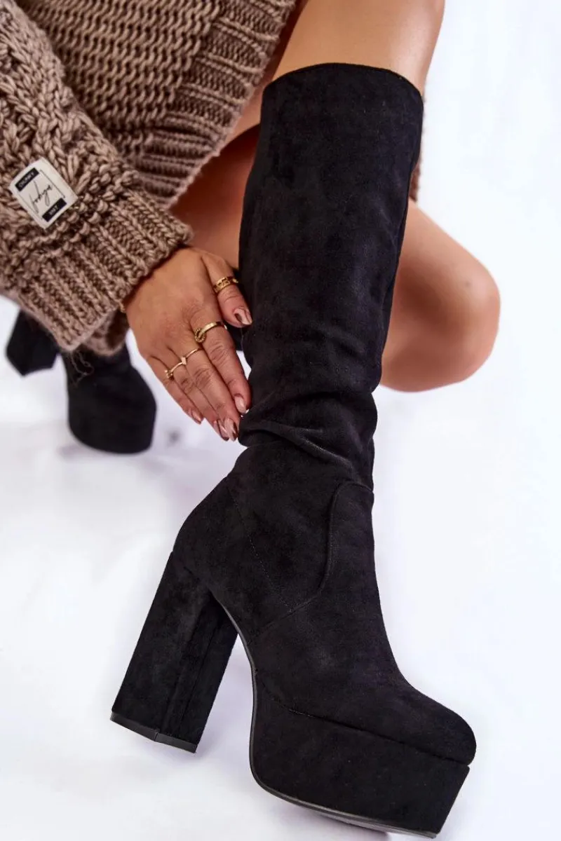 Discount Zamszowe Kozaki Na Masywnym Obcasie I Platformie Czarne Nevira Damskie Kozaki Wiosenne|Kozaki Przed Kolano