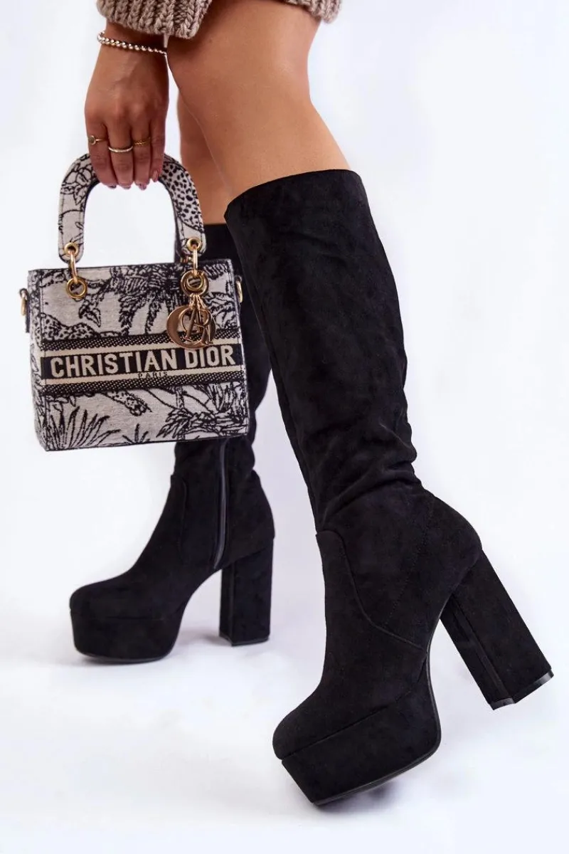 Discount Zamszowe Kozaki Na Masywnym Obcasie I Platformie Czarne Nevira Damskie Kozaki Wiosenne|Kozaki Przed Kolano