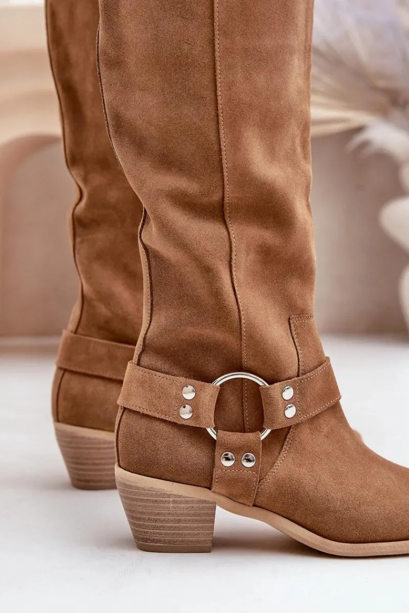 Discount Zamszowe Kozaki Na Niskim Obcasie Z Cholewką Przed Kolano 3444/O Camel Damskie Kozaki Na Słupku|Kozaki Wiosenne