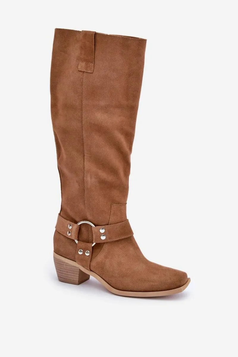 Discount Zamszowe Kozaki Na Niskim Obcasie Z Cholewką Przed Kolano 3444/O Camel Damskie Kozaki Na Słupku|Kozaki Wiosenne