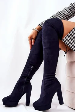 Zamszowe Kozaki Na Obcasie Granatowe Minesa Damskie Kozaki Wiosenne|Kozaki Za Kolano