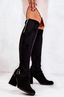 New Zamszowe Kozaki Na Obcasie Czarne Arianne Damskie Kozaki Wiosenne|Kozaki Za Kolano