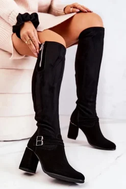 New Zamszowe Kozaki Na Obcasie Czarne Arianne Damskie Kozaki Wiosenne|Kozaki Za Kolano