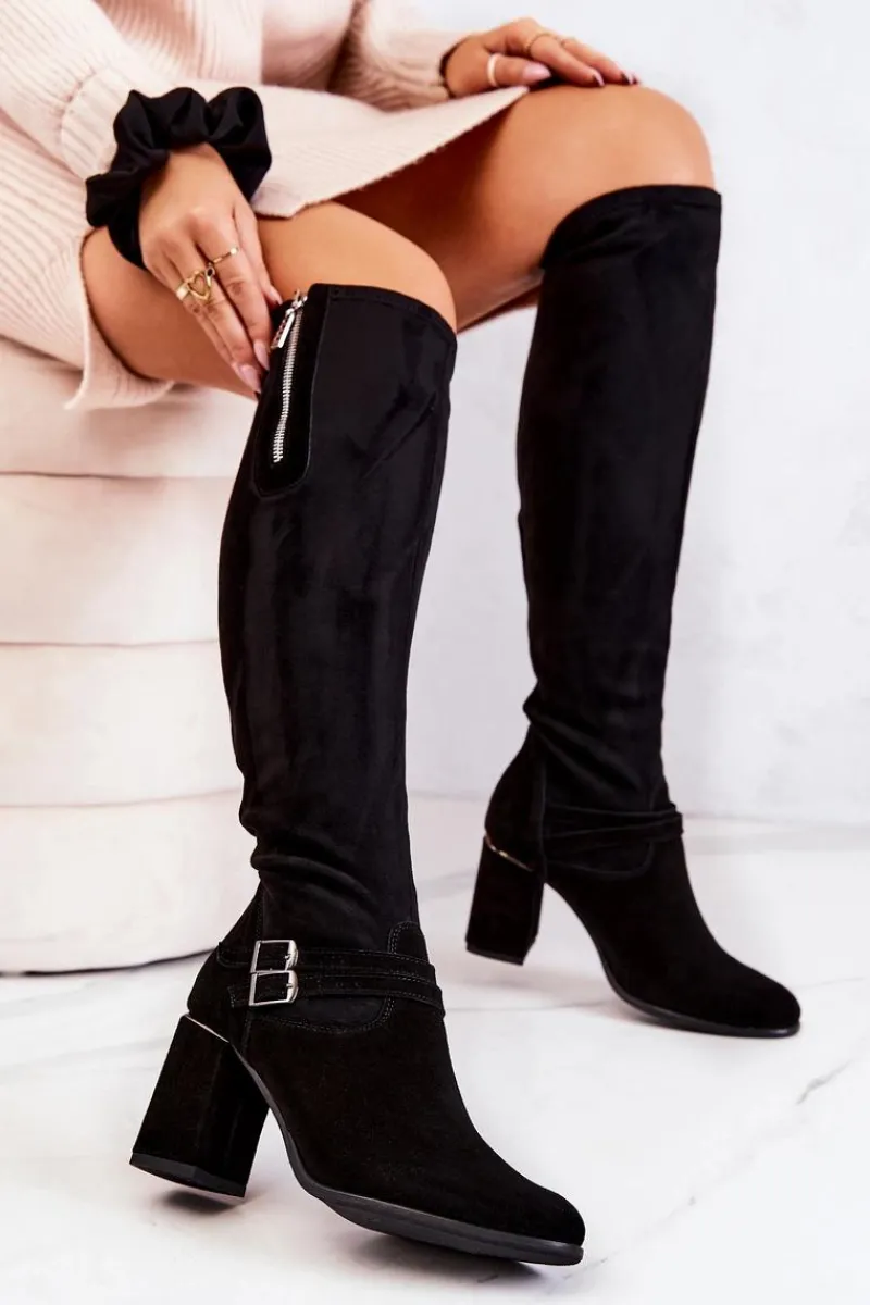 New Zamszowe Kozaki Na Obcasie Czarne Arianne Damskie Kozaki Wiosenne|Kozaki Za Kolano