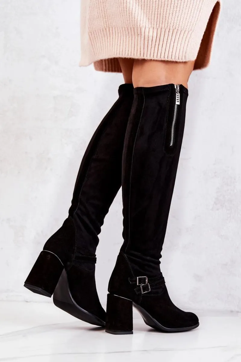 New Zamszowe Kozaki Na Obcasie Czarne Arianne Damskie Kozaki Wiosenne|Kozaki Za Kolano