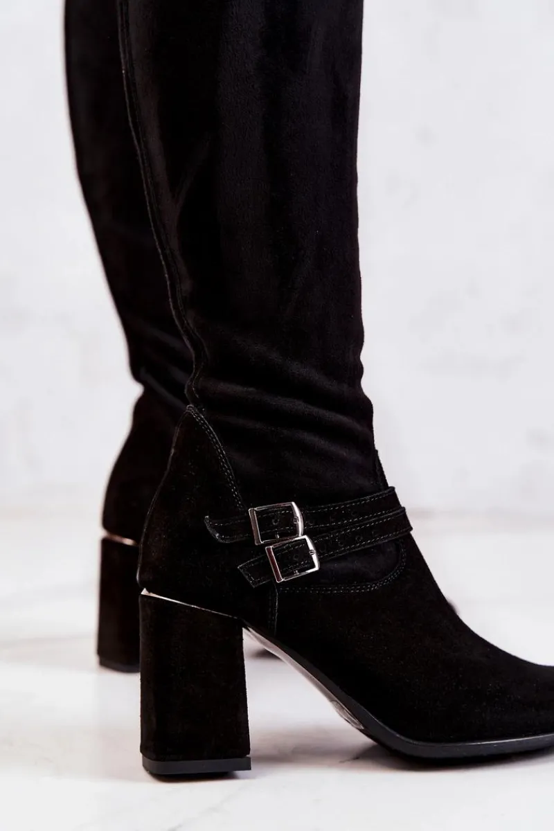 New Zamszowe Kozaki Na Obcasie Czarne Arianne Damskie Kozaki Wiosenne|Kozaki Za Kolano