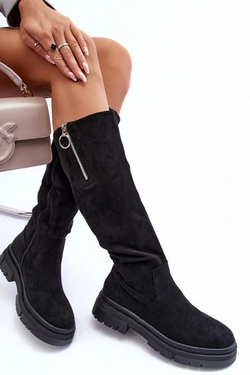 Kozaki Płaskie|Kozaki Przed Kolano>Buty damskie Vinceza Zamszowe Kozaki Na Płaskim Obcasie I Platformie Czarne Nesina