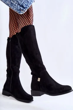 Discount Damskie buty S.Barski Zamszowe Kozaki Na Płaskim Obcasie Czarne Giulia