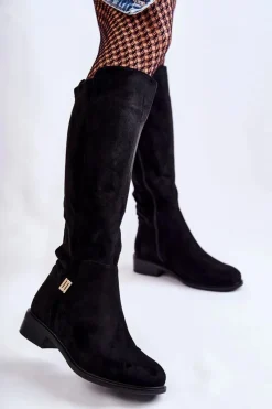 Discount Damskie buty S.Barski Zamszowe Kozaki Na Płaskim Obcasie Czarne Giulia