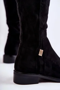 Discount Damskie buty S.Barski Zamszowe Kozaki Na Płaskim Obcasie Czarne Giulia