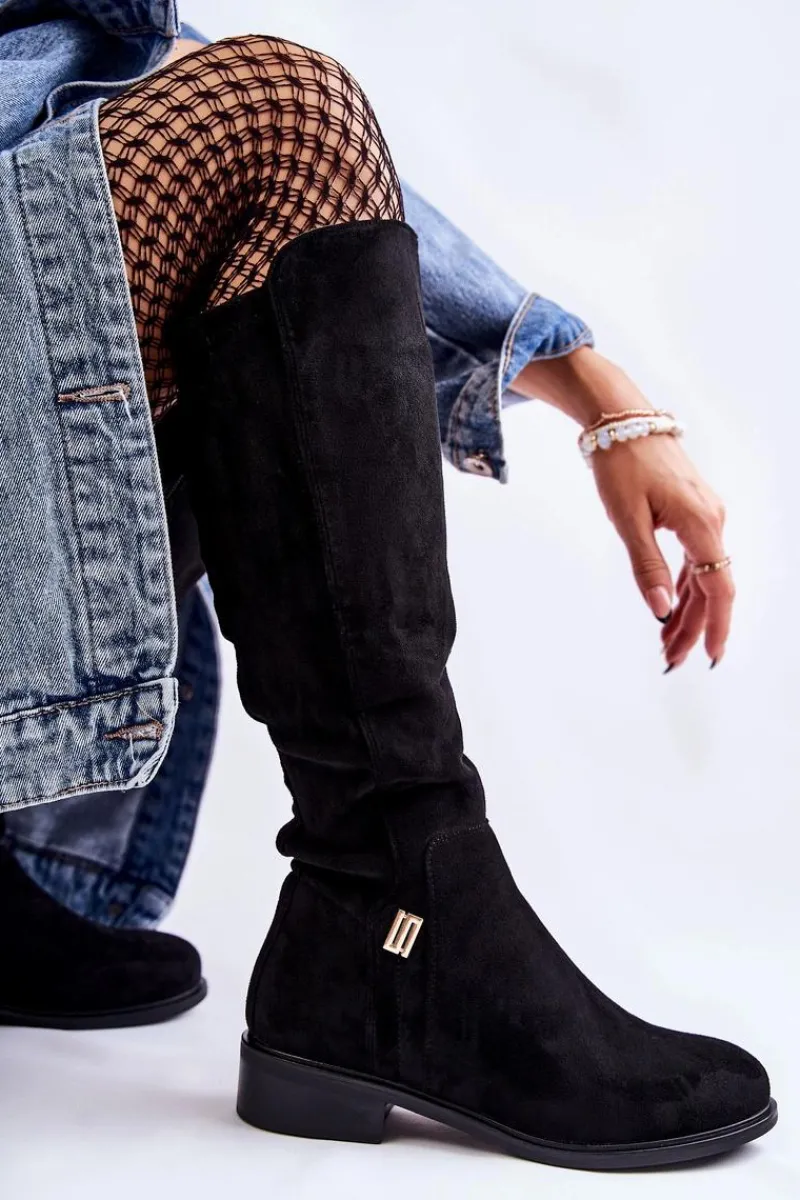 Discount Damskie buty S.Barski Zamszowe Kozaki Na Płaskim Obcasie Czarne Giulia