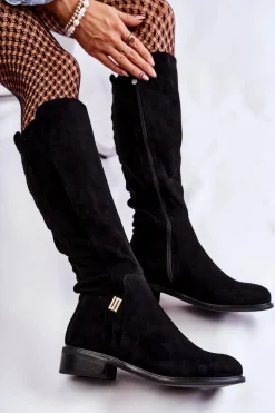 Discount Damskie buty S.Barski Zamszowe Kozaki Na Płaskim Obcasie Czarne Giulia