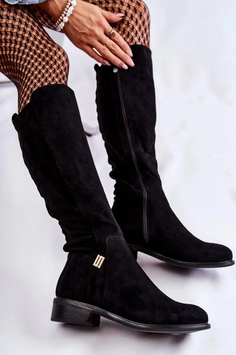 Discount Damskie buty S.Barski Zamszowe Kozaki Na Płaskim Obcasie Czarne Giulia