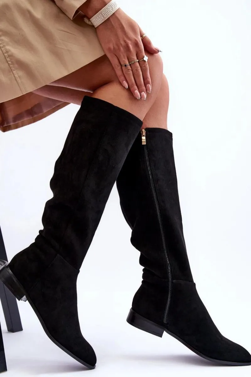 Online Boto Zamszowe Kozaki Na Płaskim Obcasie Czarne Eelin Czarny