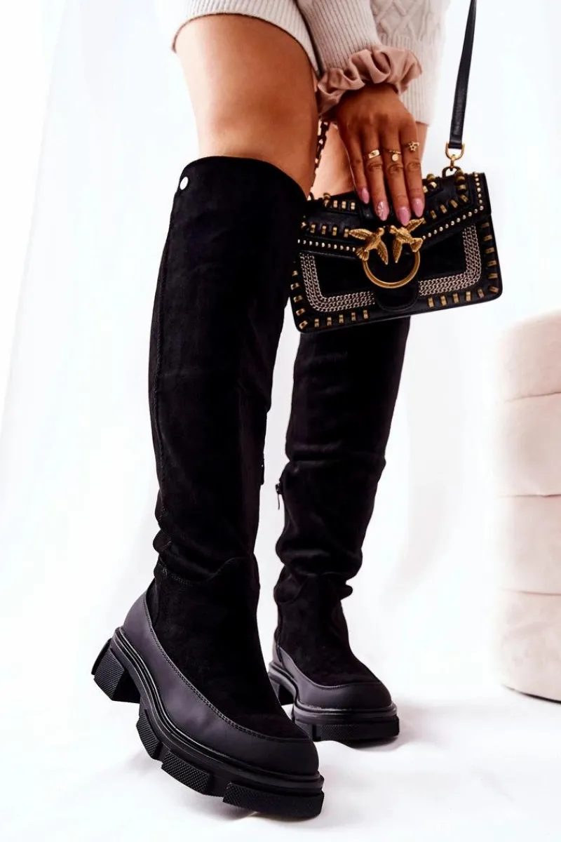 Kozaki Wiosenne|Kozaki Płaskie>Boto Zamszowe Kozaki Na Płaskim Obcasie Czarne Kalisso