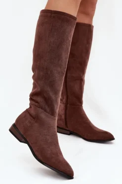 Clearance Zamszowe Kozaki Na Płaskim Obcasie Brązowe Eelin Damskie Kozaki Płaskie|Kozaki Przed Kolano