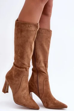 Hot Zamszowe Kozaki Na Słupku Brązowe Adrolio Damskie Kozaki Na Szpilce|Kozaki Przed Kolano