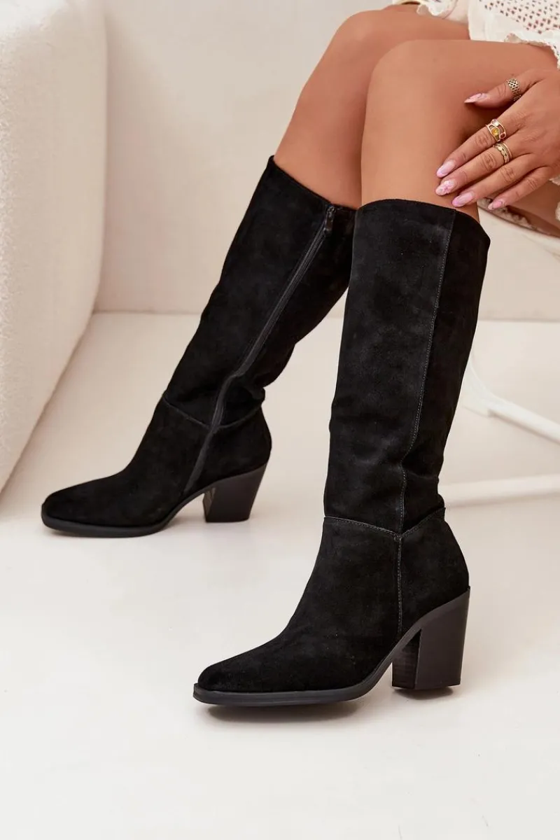 Clearance Boto Zamszowe Kozaki Na Słupku Zamek Czarne Lissara Czarny