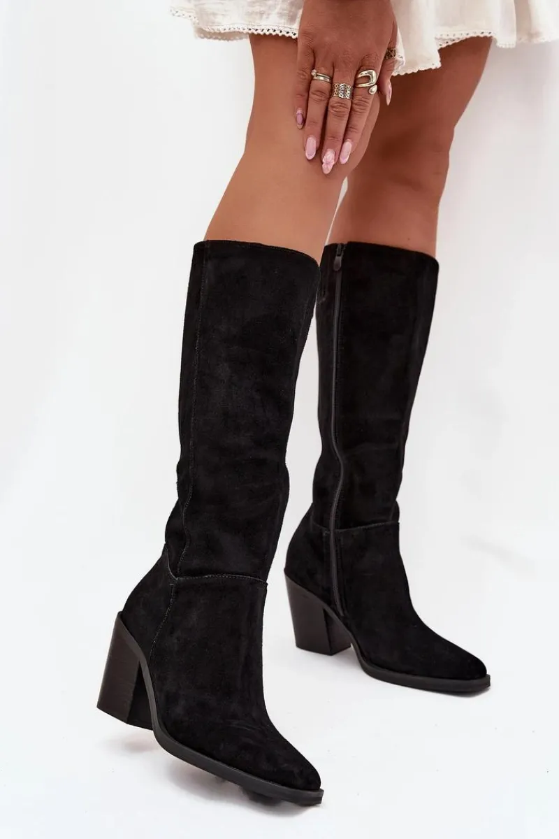 Clearance Boto Zamszowe Kozaki Na Słupku Zamek Czarne Lissara Czarny