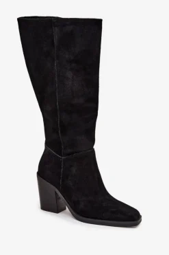 Clearance Boto Zamszowe Kozaki Na Słupku Zamek Czarne Lissara Czarny