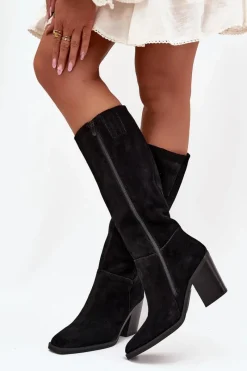 Clearance Boto Zamszowe Kozaki Na Słupku Zamek Czarne Lissara Czarny