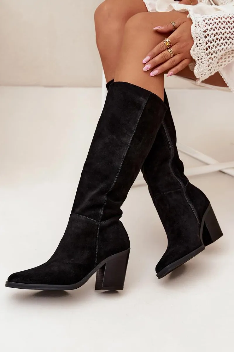 Clearance Boto Zamszowe Kozaki Na Słupku Zamek Czarne Lissara Czarny