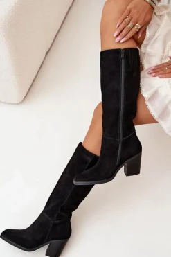 Clearance Boto Zamszowe Kozaki Na Słupku Zamek Czarne Lissara Czarny