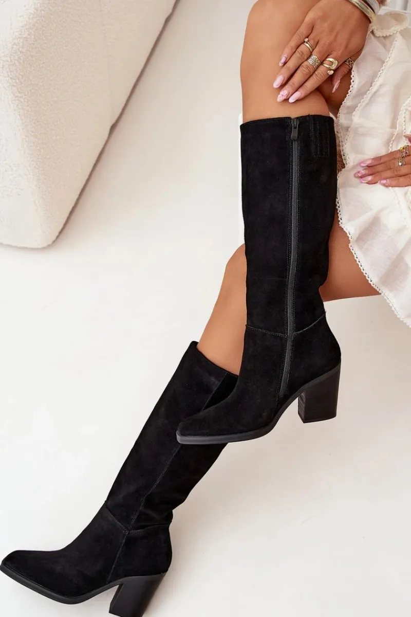 Clearance Boto Zamszowe Kozaki Na Słupku Zamek Czarne Lissara Czarny