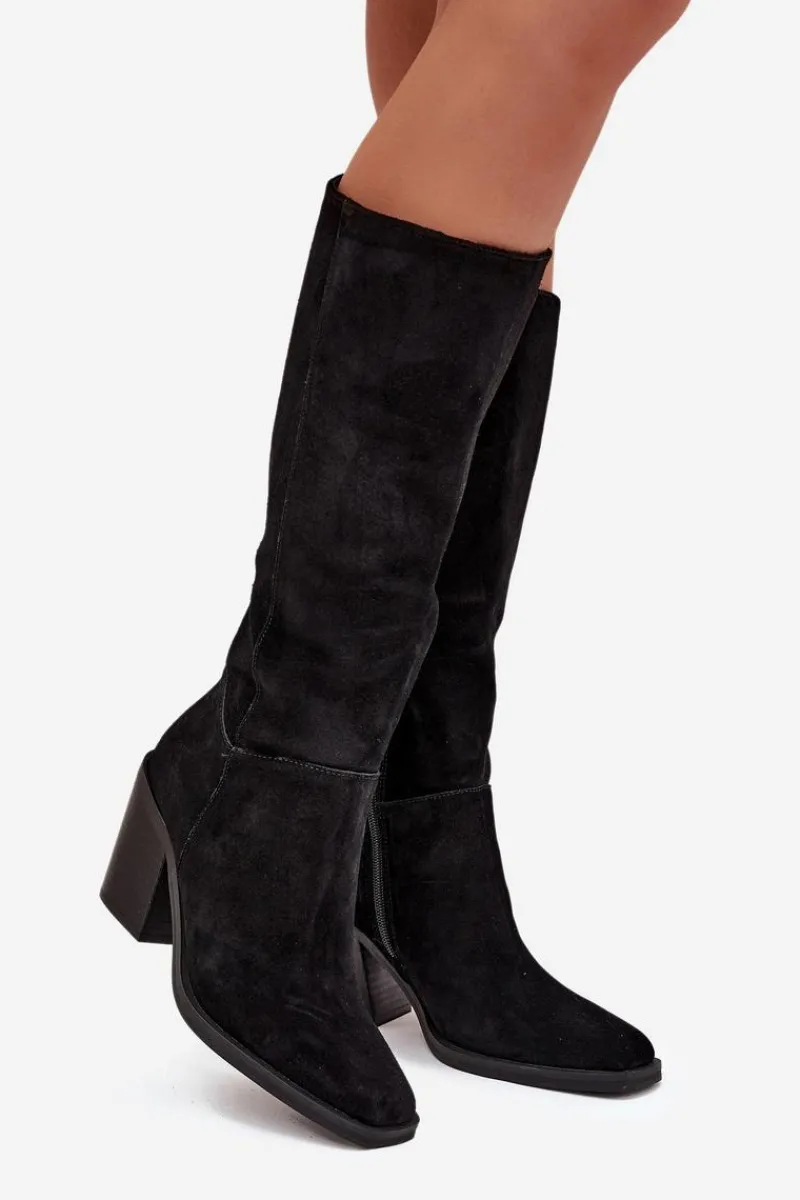 Clearance Boto Zamszowe Kozaki Na Słupku Zamek Czarne Lissara Czarny