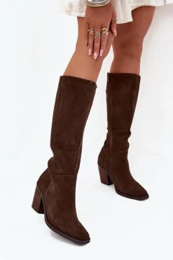 Clearance Zamszowe Kozaki Na Słupku Zamek Czekoladowe Lissara Damskie Kozaki Ocieplane|Kozaki Na Słupku