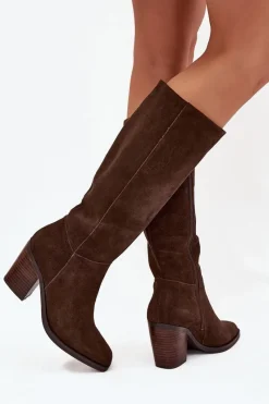 Clearance Zamszowe Kozaki Na Słupku Zamek Czekoladowe Lissara Damskie Kozaki Ocieplane|Kozaki Na Słupku