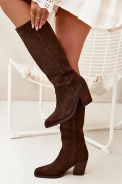 Clearance Zamszowe Kozaki Na Słupku Zamek Czekoladowe Lissara Damskie Kozaki Ocieplane|Kozaki Na Słupku