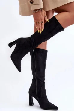 Boto Zamszowe Kozaki Na Słupku Czarne Adrolio Czarny