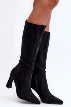 Boto Zamszowe Kozaki Na Słupku Czarne Adrolio Czarny