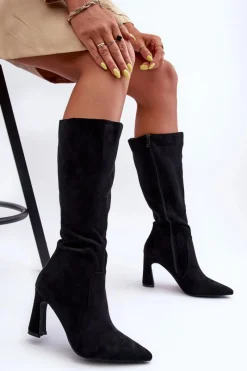 Boto Zamszowe Kozaki Na Słupku Czarne Adrolio Czarny