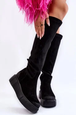 Boto Zamszowe Kozaki Przed Kolano Na Platformie Czarne Lemar Spectrum