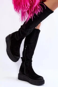 Boto Zamszowe Kozaki Przed Kolano Na Platformie Czarne Lemar Spectrum