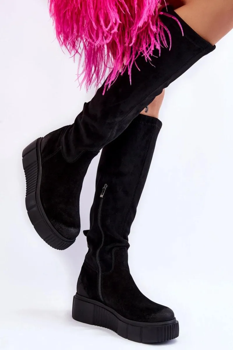 Boto Zamszowe Kozaki Przed Kolano Na Platformie Czarne Lemar Spectrum