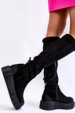 Boto Zamszowe Kozaki Przed Kolano Na Platformie Czarne Lemar Spectrum