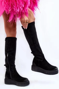 Boto Zamszowe Kozaki Przed Kolano Na Platformie Czarne Lemar Spectrum
