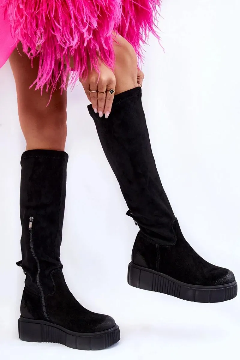 Boto Zamszowe Kozaki Przed Kolano Na Platformie Czarne Lemar Spectrum