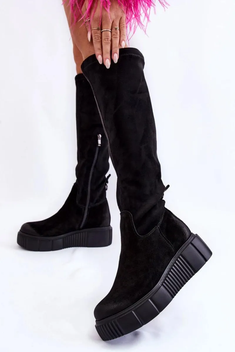 Boto Zamszowe Kozaki Przed Kolano Na Platformie Czarne Lemar Spectrum