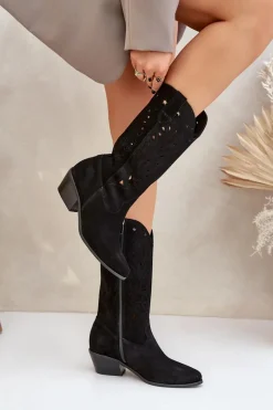 Hot Zamszowe Kozaki Z Ażurową Cholewką Zazoo 3609 Czarne Damskie Kozaki Na Słupku|Kozaki Ażurowe