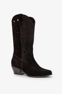 Hot Zamszowe Kozaki Z Ażurową Cholewką Zazoo 3609 Czarne Damskie Kozaki Na Słupku|Kozaki Ażurowe